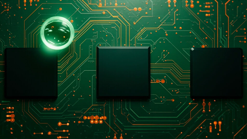 AI agent 設計電路板示意圖：發光銅線 PCB 與空白晶片