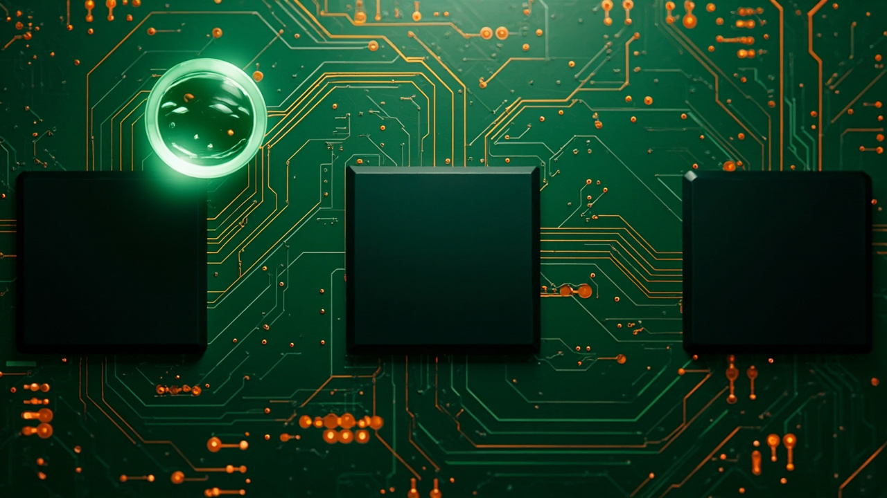 AI agent 設計電路板示意圖：發光銅線 PCB 與空白晶片