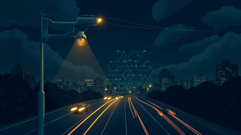 夜間道路上方 Flock 監視攝影機與車流光軌編輯插圖