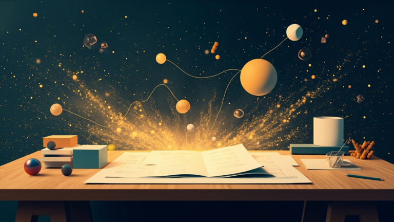 書桌與幾何形狀融入星空資料流的社論插畫
