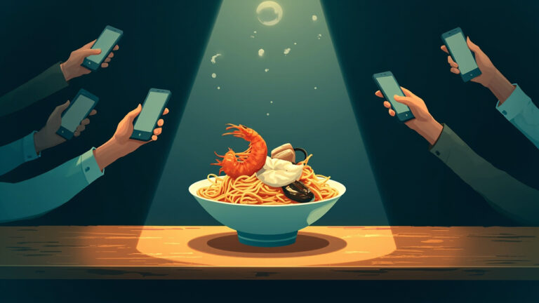 聚光燈下的豪華海鮮麵碗被多支手機圍拍的編輯插畫