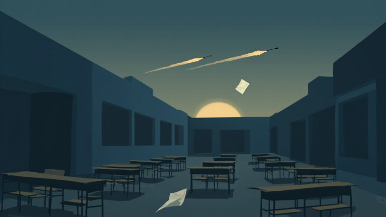 黃昏校園空景與飛彈尾跡示意圖