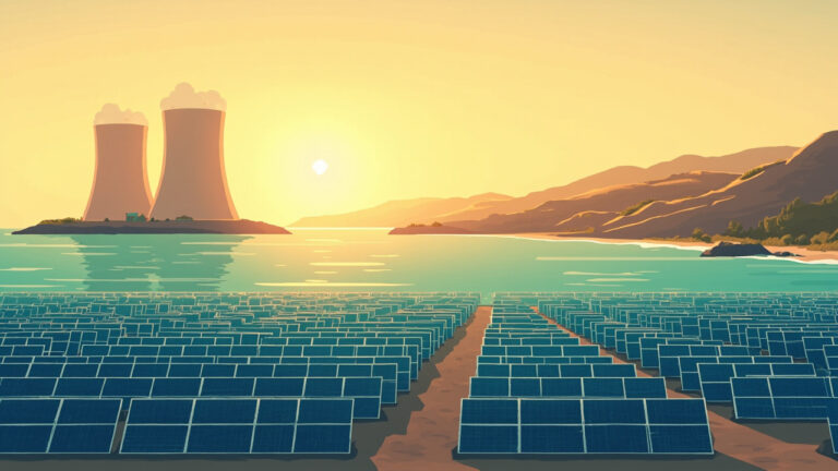 地中海海岸的核冷卻塔與太陽能板並置於暖色夕照下的插畫