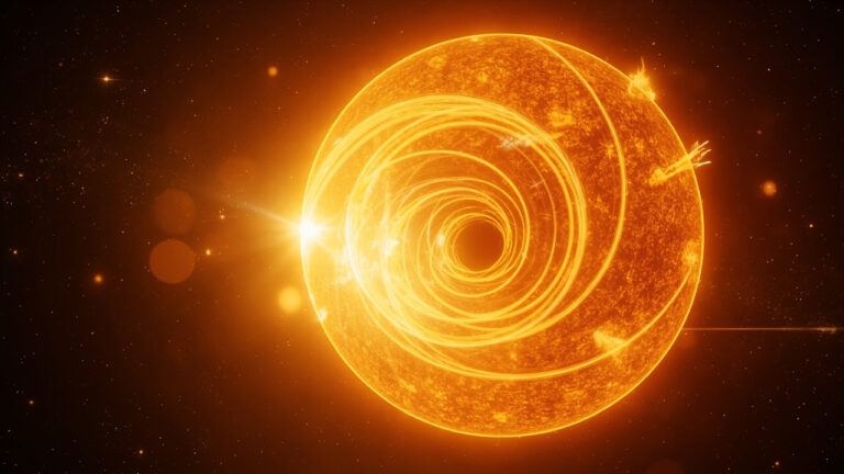 金色太陽內部隱約可見行星殘骸化學指紋旋渦示意圖
