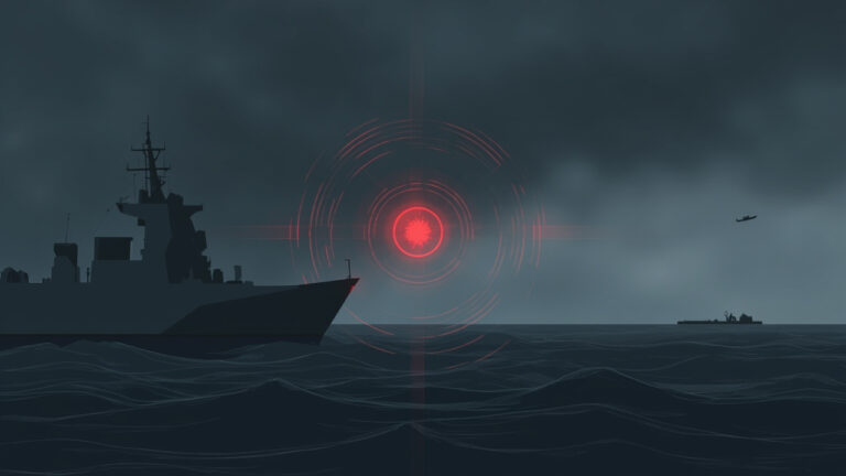 深夜海面上軍艦剪影以紅色 AI 鎖定框標定遠方貨船
