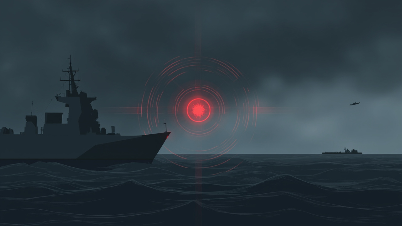 深夜海面上軍艦剪影以紅色 AI 鎖定框標定遠方貨船