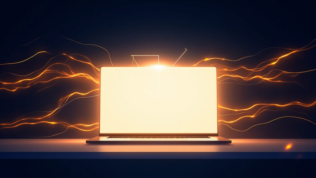 深藍背景中發光筆電與橘色光流的編輯插圖