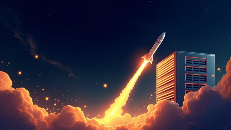 火箭升空與發光資料中心機房的編輯插圖