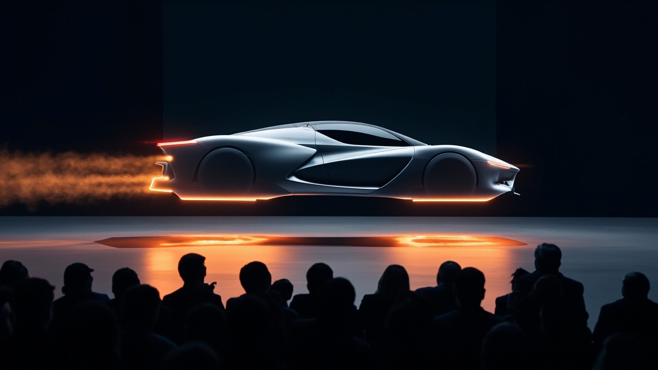 Tesla Roadster 在舞台上懸浮展示，車底透出推進器光流